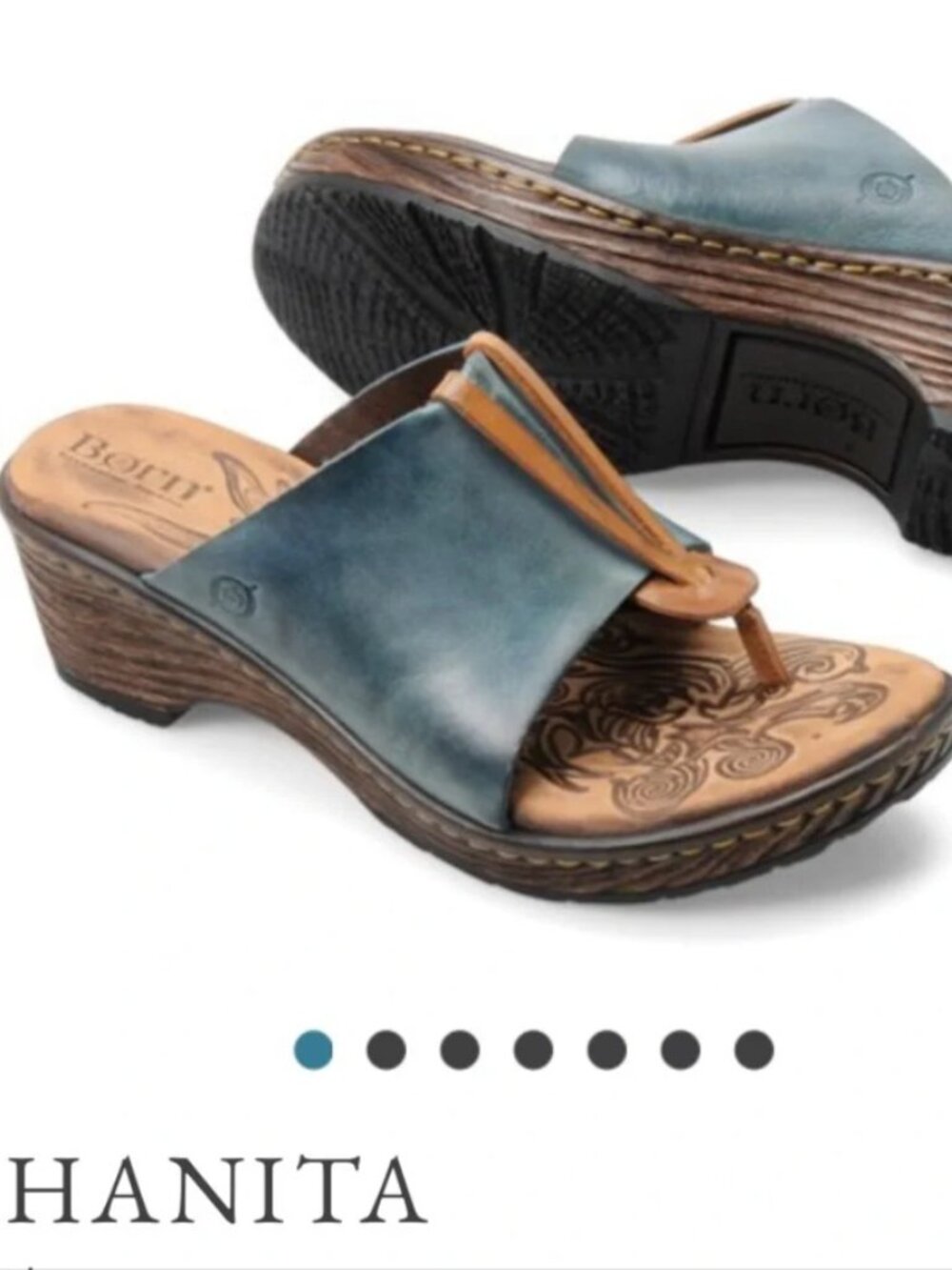 BøRN | Hanita Leather Comfort Thong Wedge Sandal - Marine/Tan - 9/40.5 - GUC